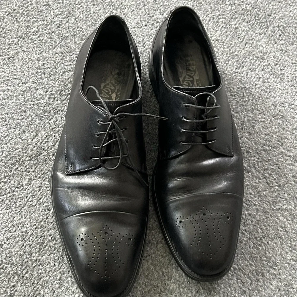 Salvatore Ferragamo Shoes Mens 10 D Black Cap Toe Dress Derby 76VF 78124 Italy